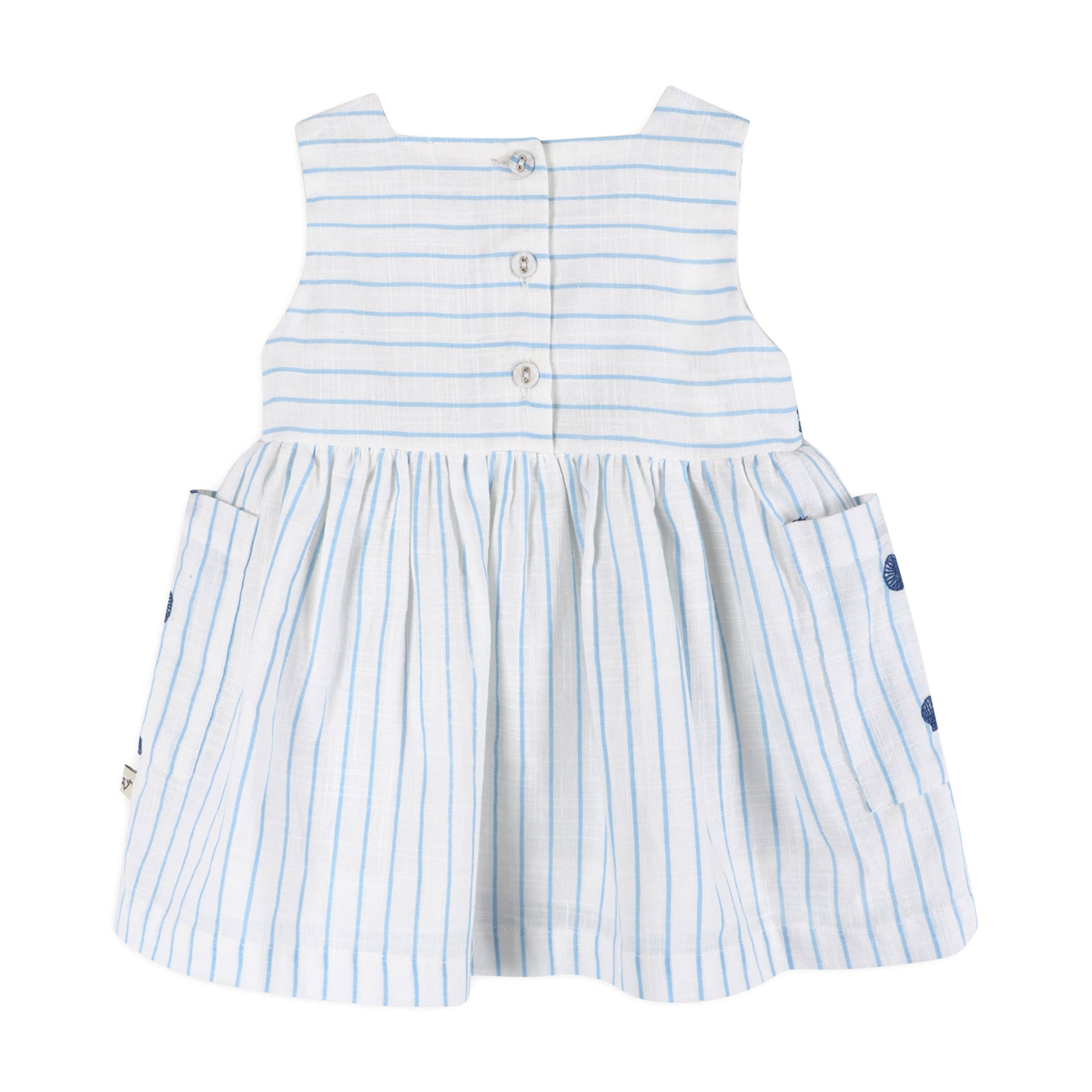 Seashells Embroidered Striped Baby Dress + Bloomer - Sea Blue Stripe