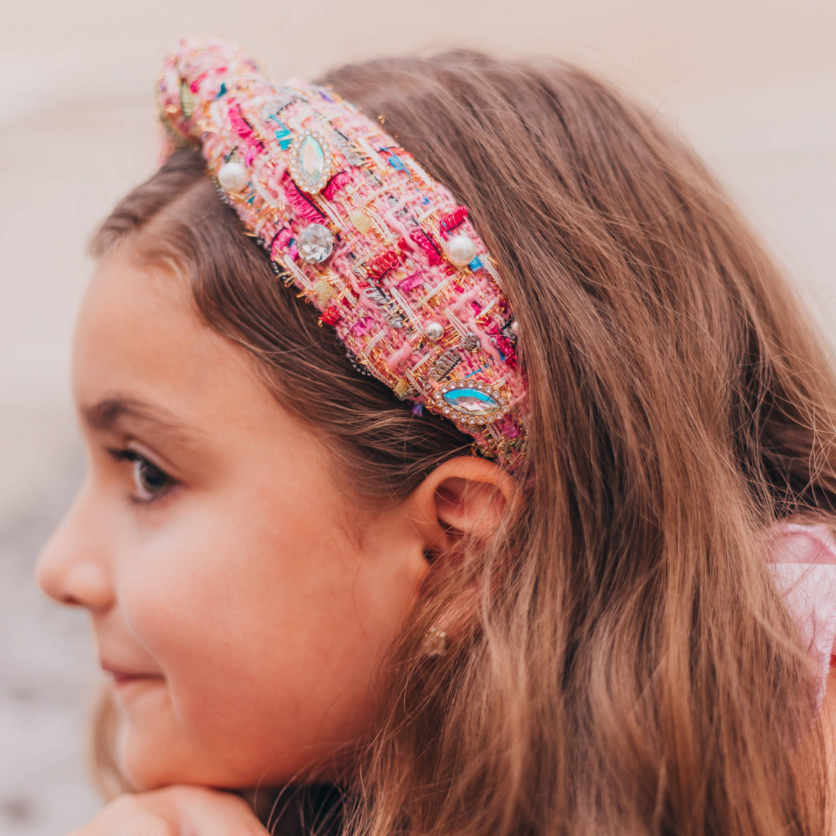 Rhinestone Pearl Tweed Headband Pink