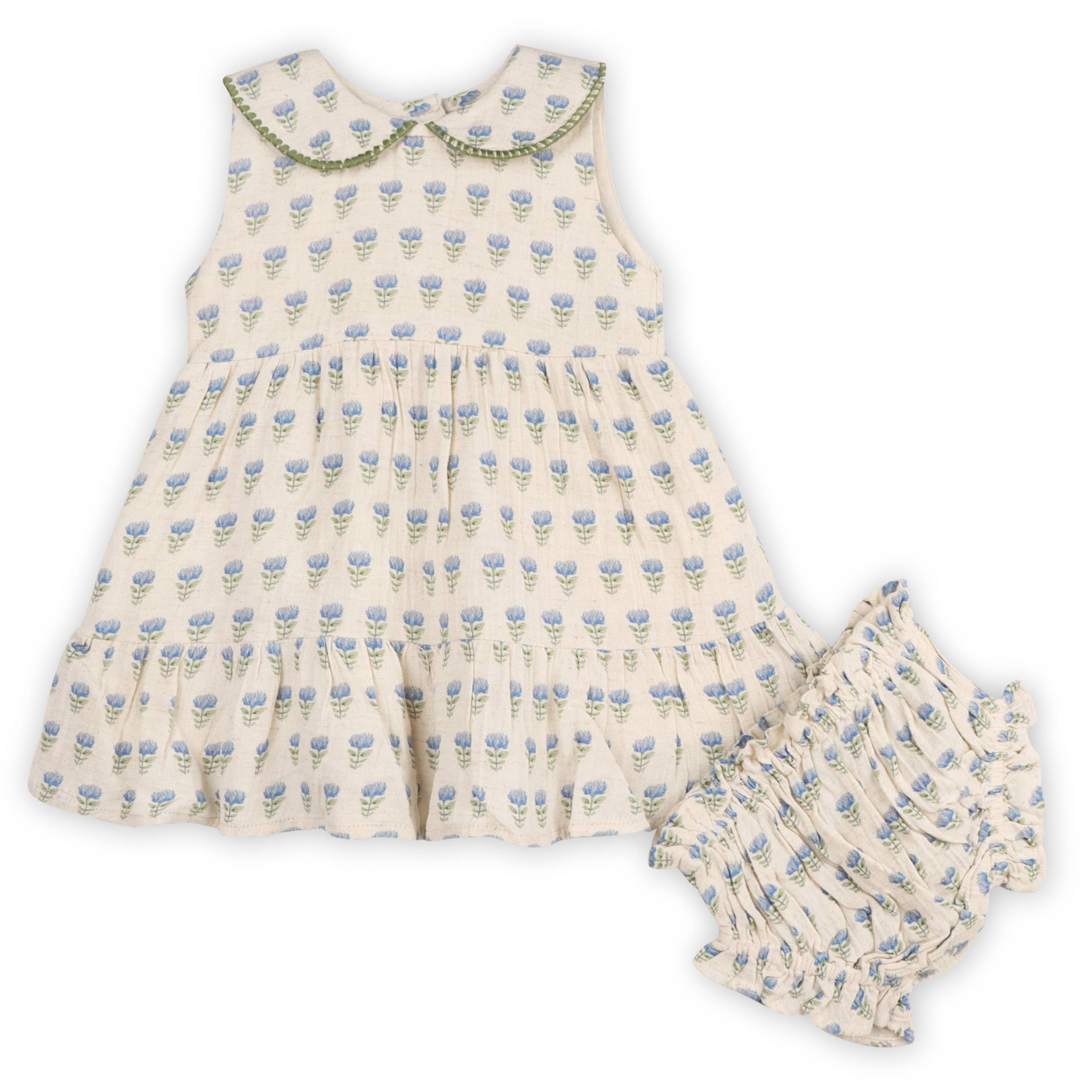 Harper Peter Pan Collar Floral Baby Flare Dress + Bloomer - Blue Floral | Natural