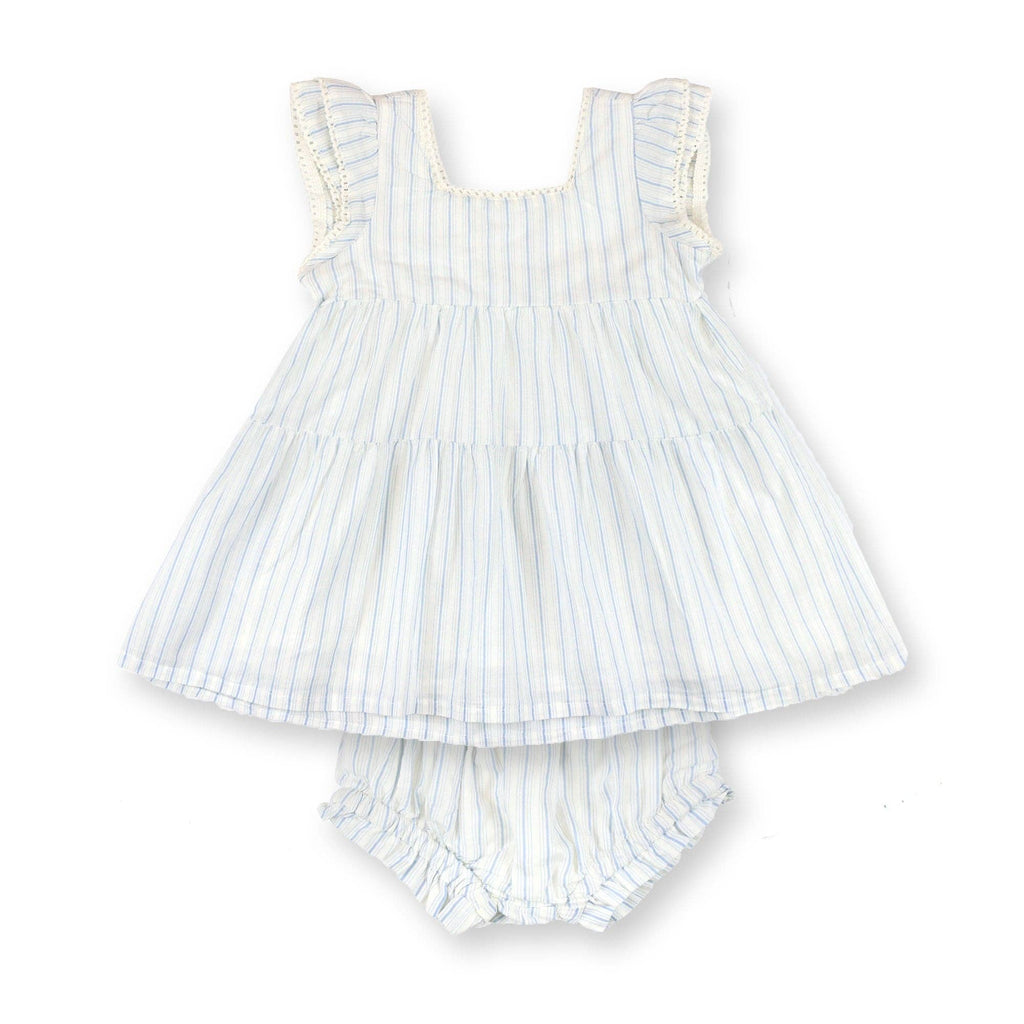 Tiered Flutter Dress Set: Classic Blue Ticking Stripe