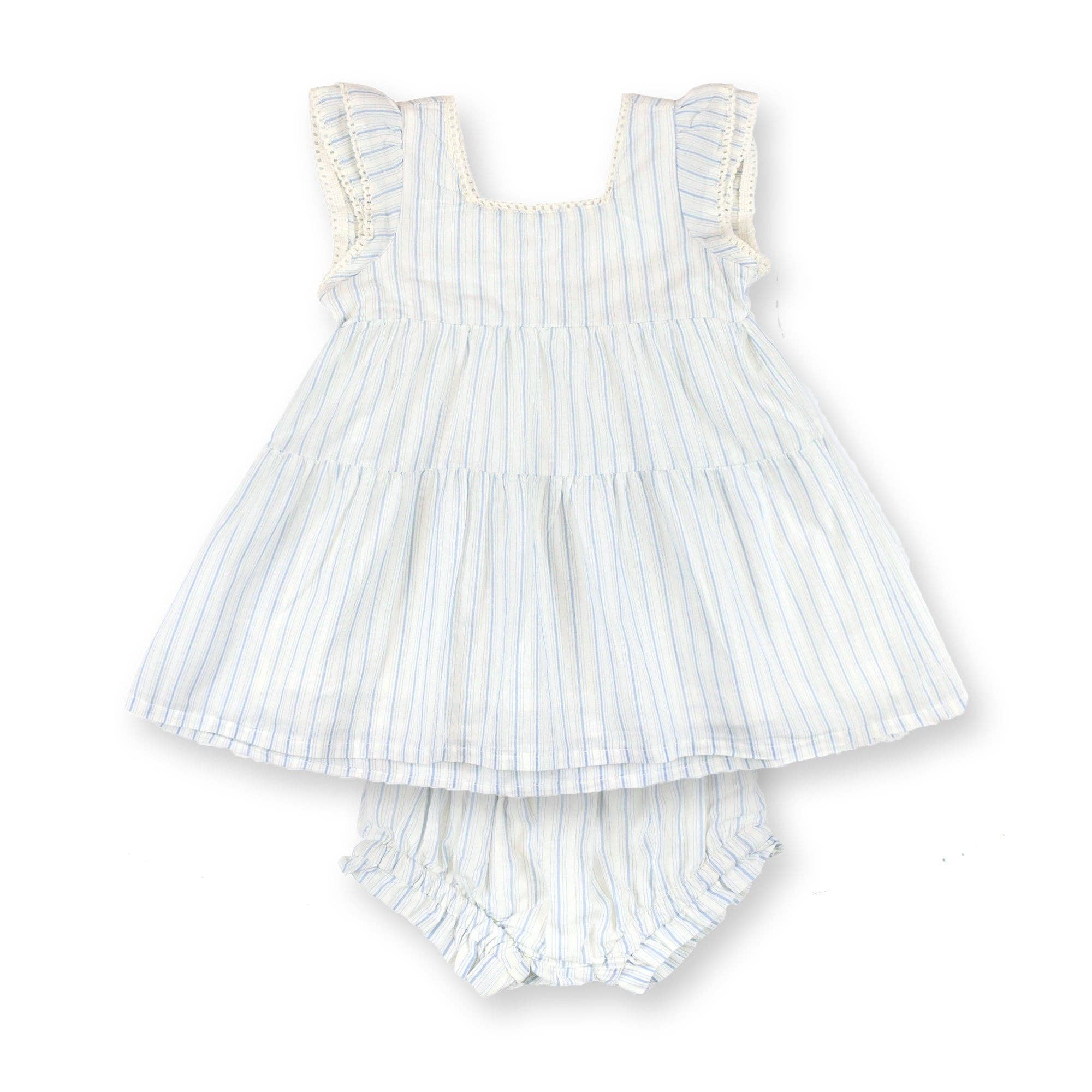Tiered Flutter Dress Set: Classic Blue Ticking Stripe