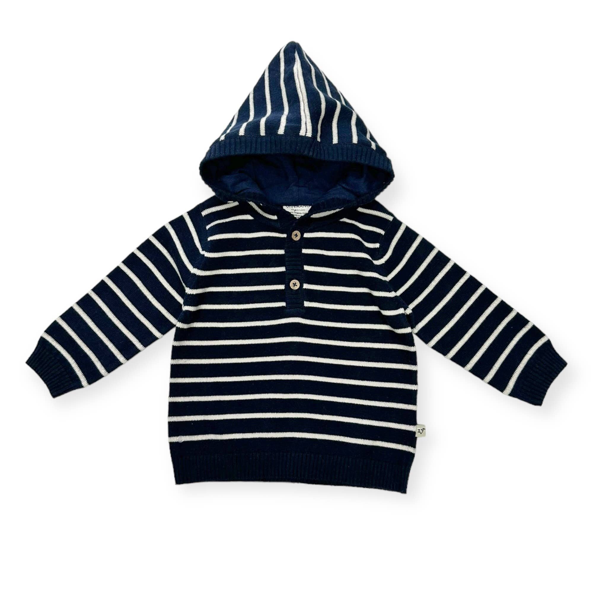 Stripe Hooded Baby Organic Knit Pullover | Navy Blue