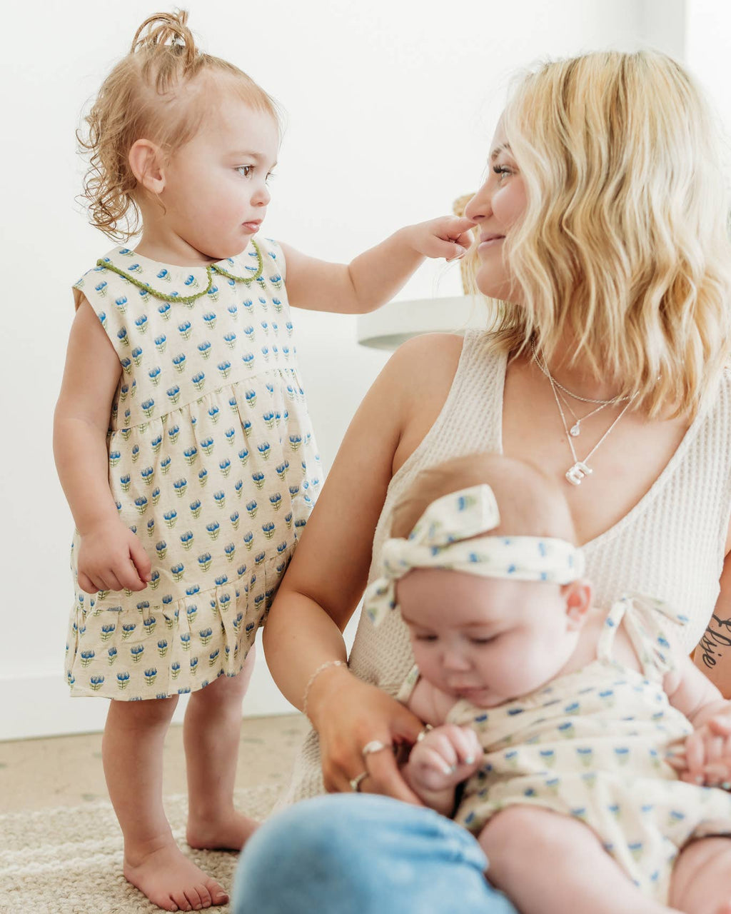Harper Peter Pan Collar Floral Baby Flare Dress + Bloomer - Blue Floral | Natural