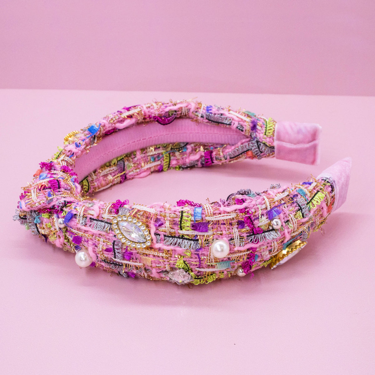 Rhinestone Pearl Tweed Headband Pink