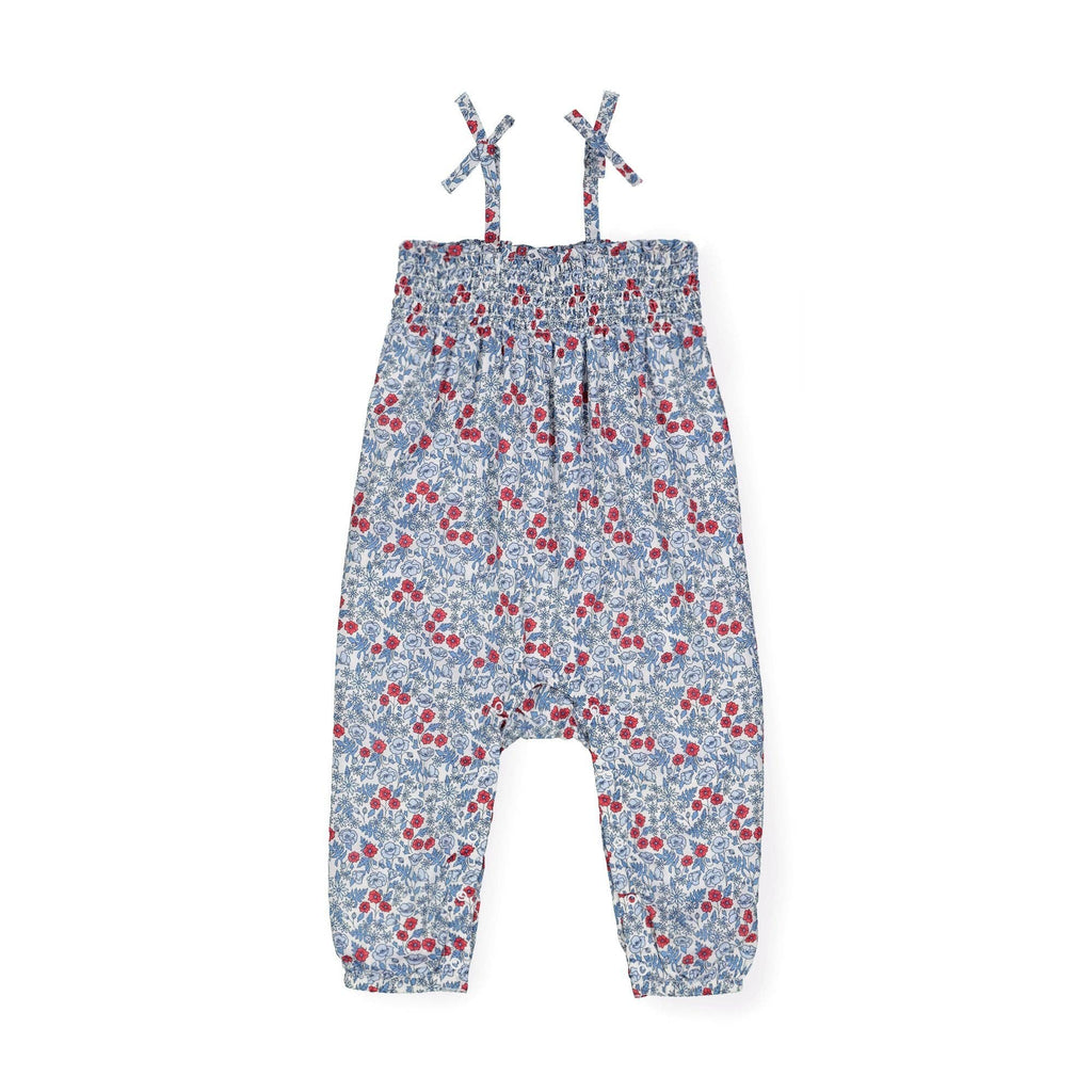 Smocked Romper with Bow Shoulders: Red and Blue Ditsy Floral