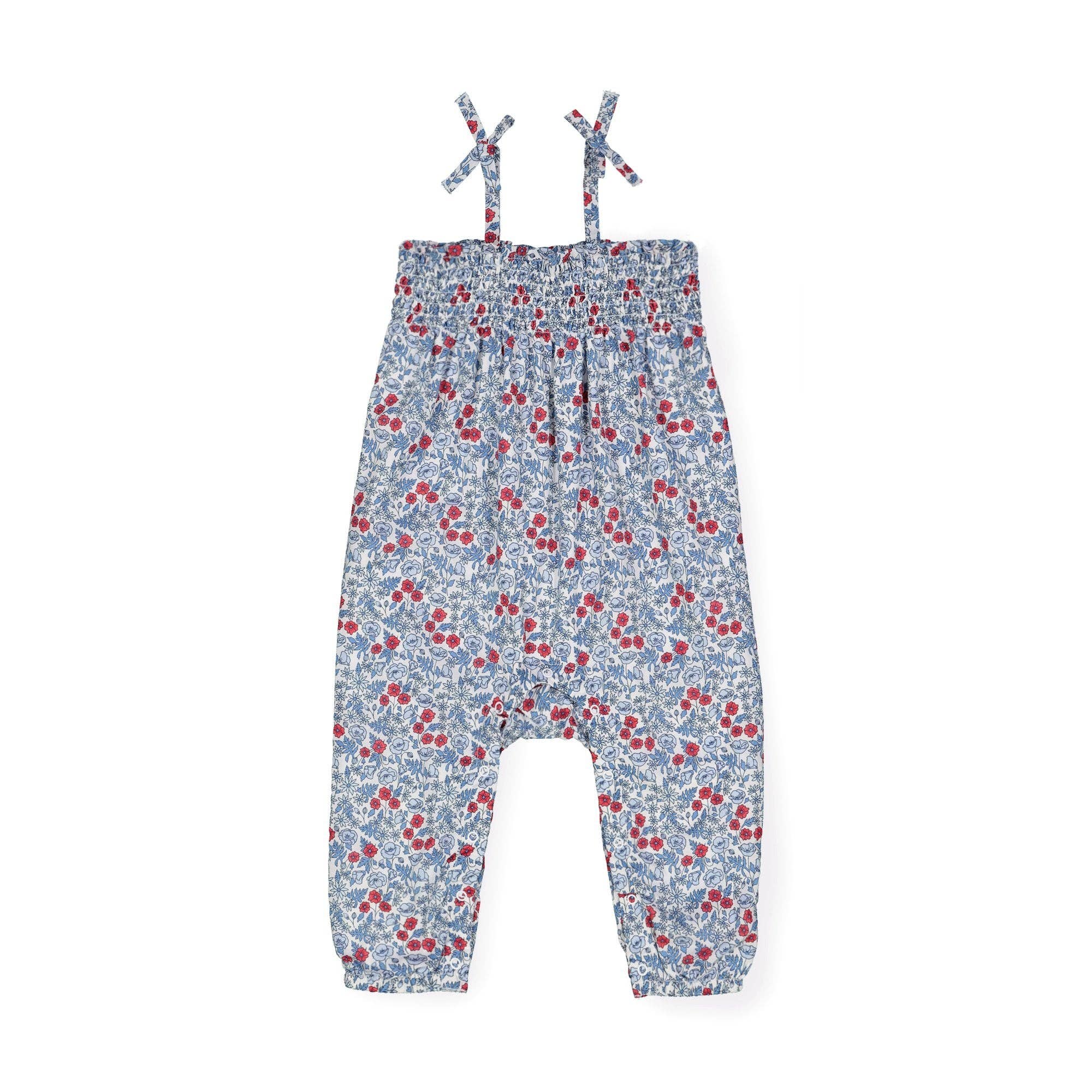 Smocked Romper with Bow Shoulders: Red and Blue Ditsy Floral