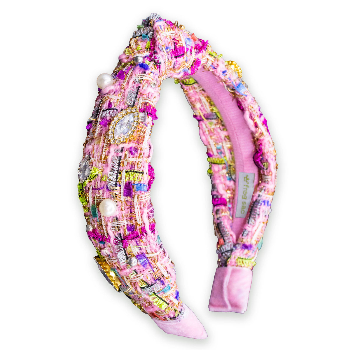 Rhinestone Pearl Tweed Headband Pink