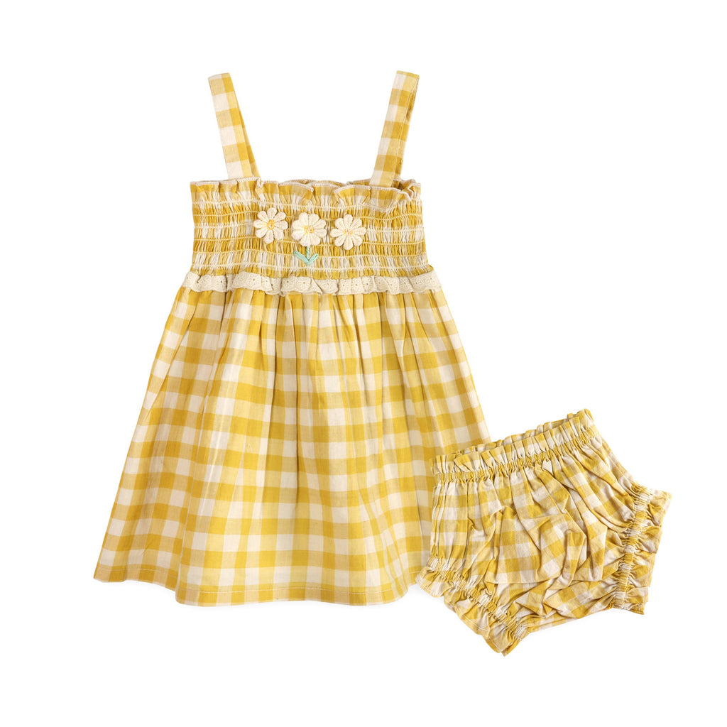 Bonnie Gingham Smocked Baby Dress + Bloomer - Yellow Gingham