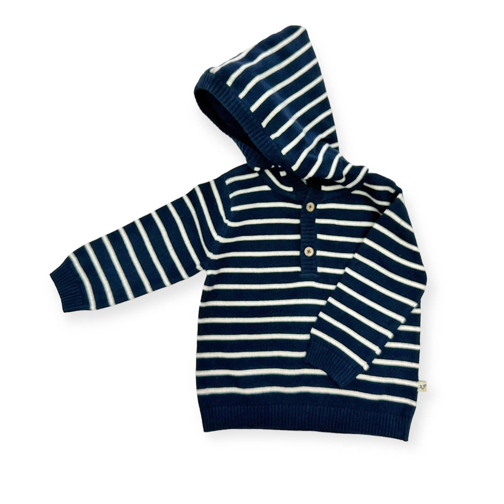 Stripe Hooded Baby Organic Knit Pullover | Navy Blue