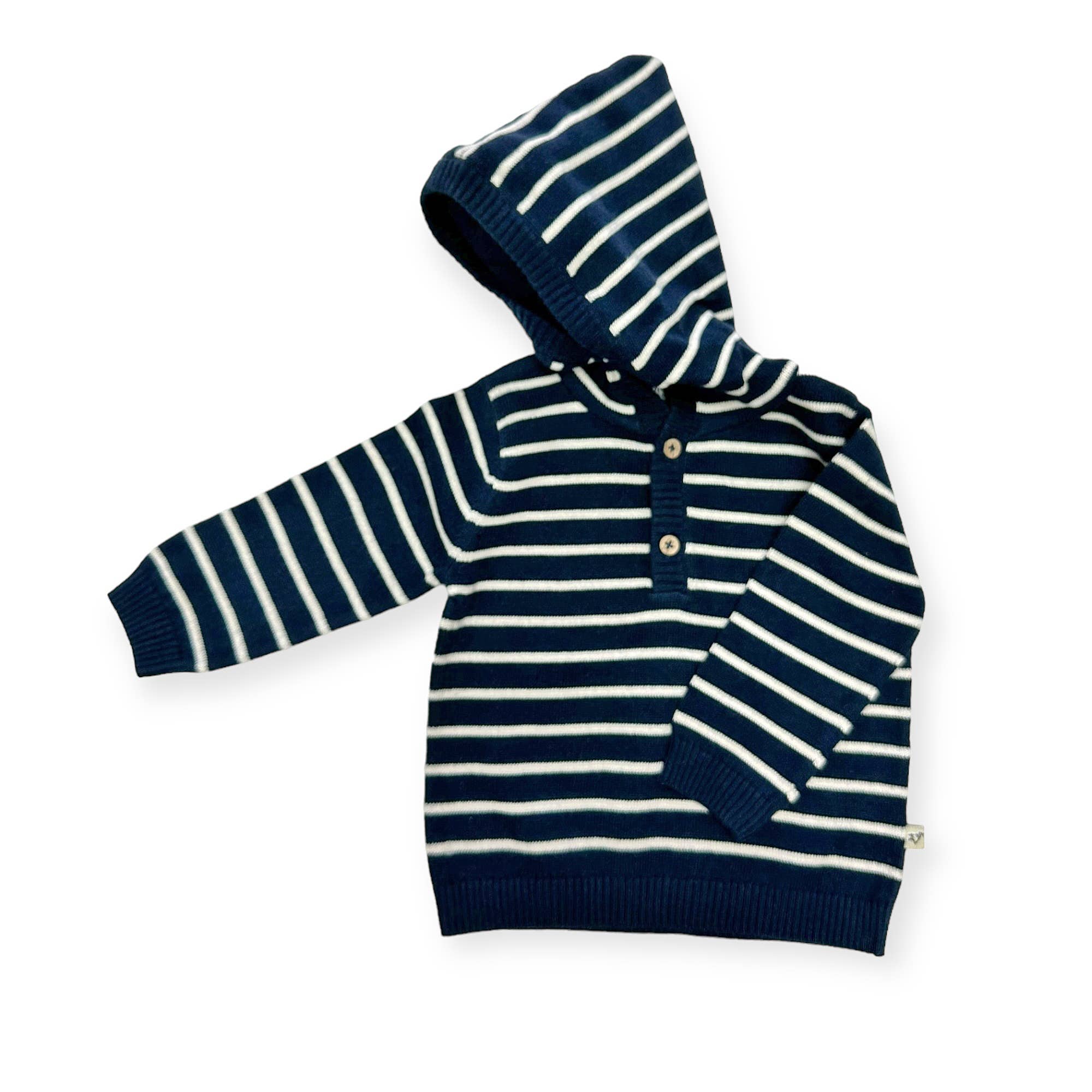 Stripe Hooded Baby Organic Knit Pullover | Navy Blue