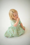 Short Sleeve Twirl Dress | Green Floral