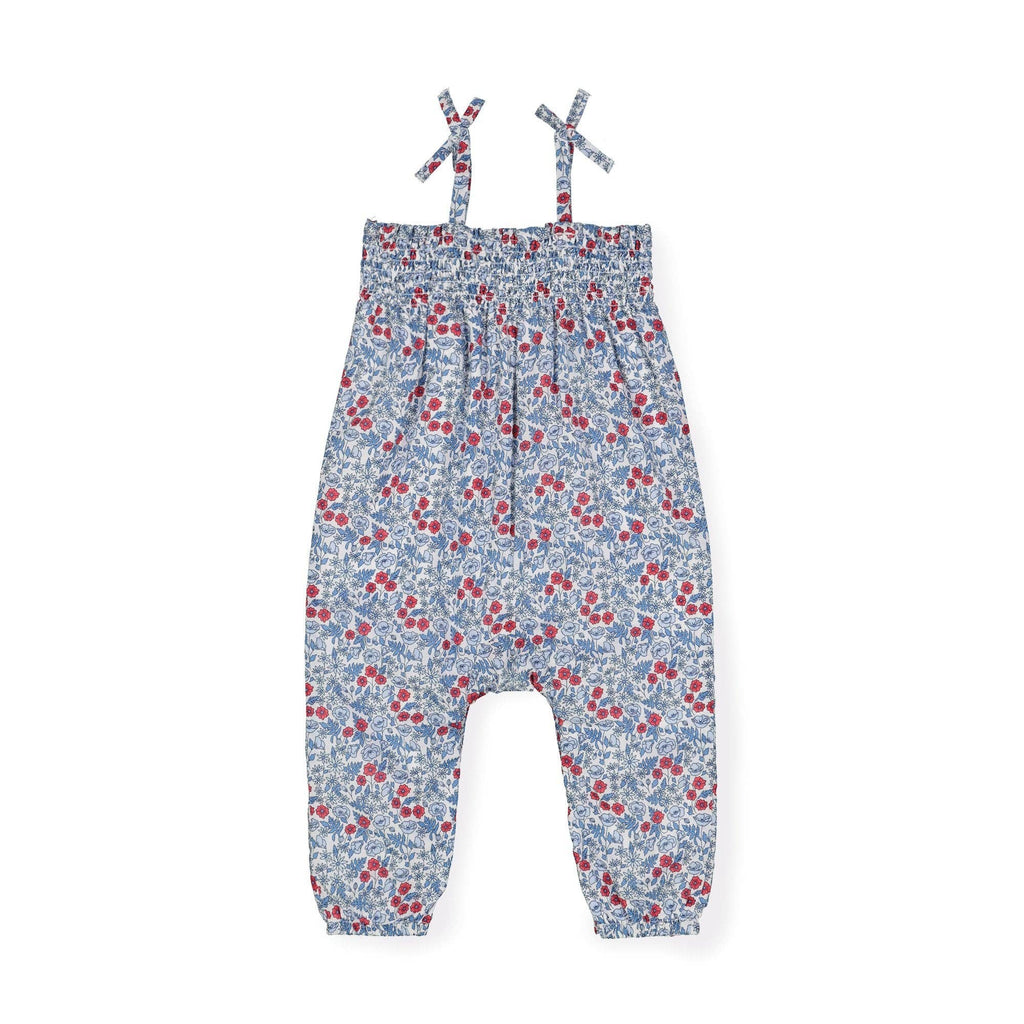 Smocked Romper with Bow Shoulders: Red and Blue Ditsy Floral