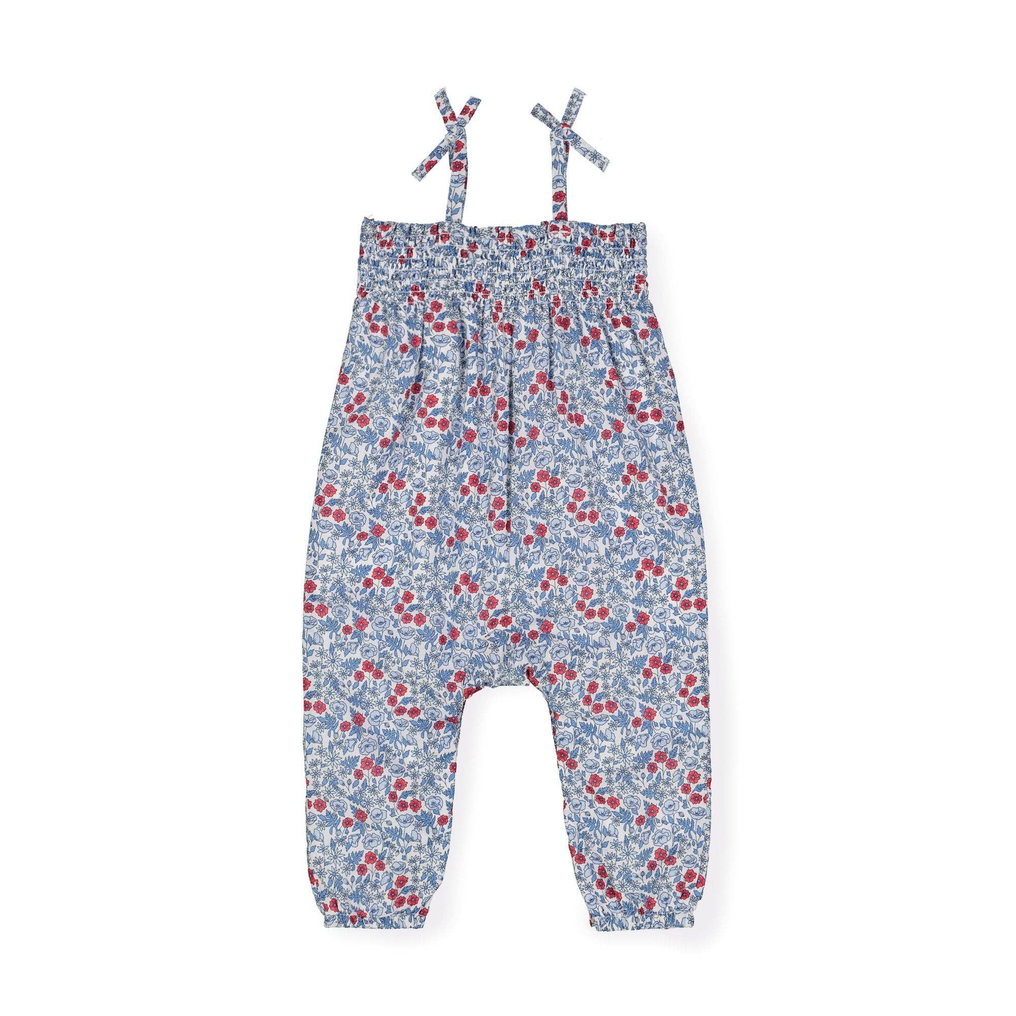 Smocked Romper with Bow Shoulders: Red and Blue Ditsy Floral