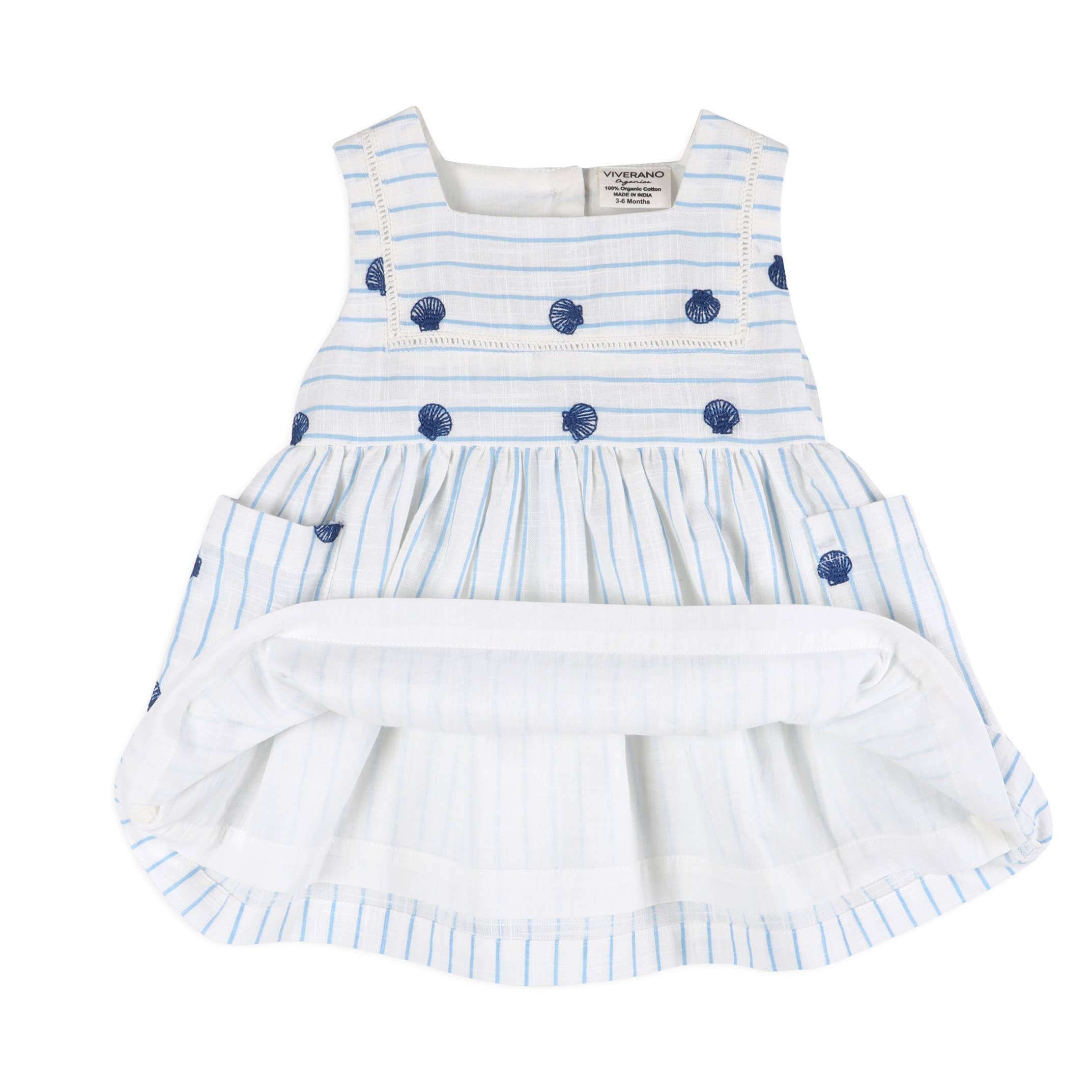 Seashells Embroidered Striped Baby Dress + Bloomer - Sea Blue Stripe