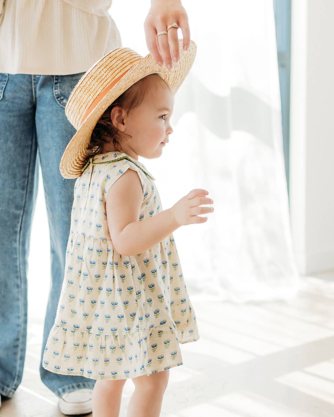 Harper Peter Pan Collar Floral Baby Flare Dress + Bloomer - Blue Floral | Natural