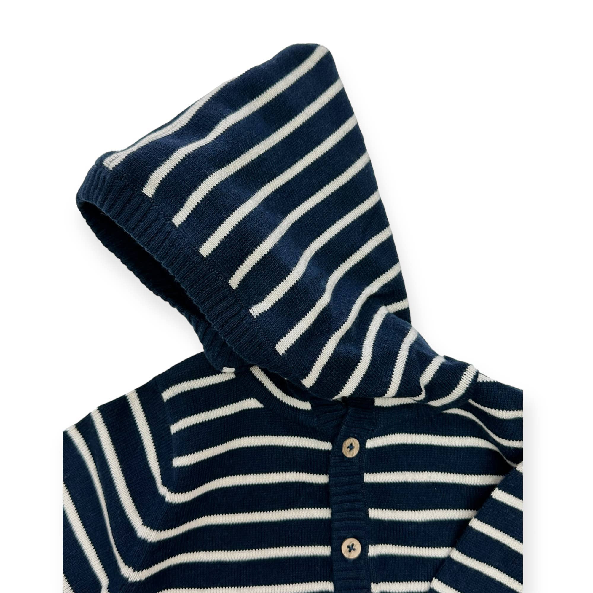 Stripe Hooded Baby Organic Knit Pullover | Navy Blue