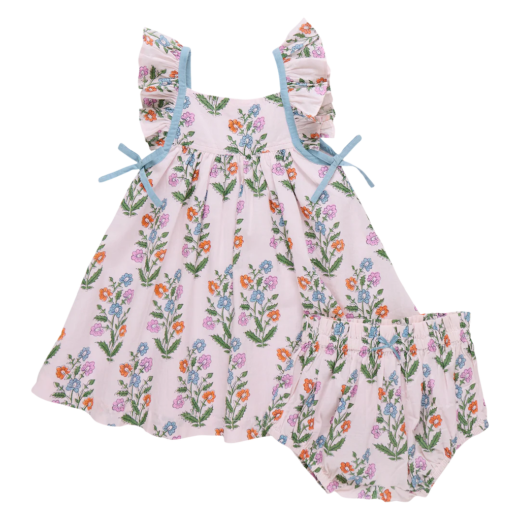 Baby Girls Ailee Dress Set - Pink Dewdrop Block Print Spring