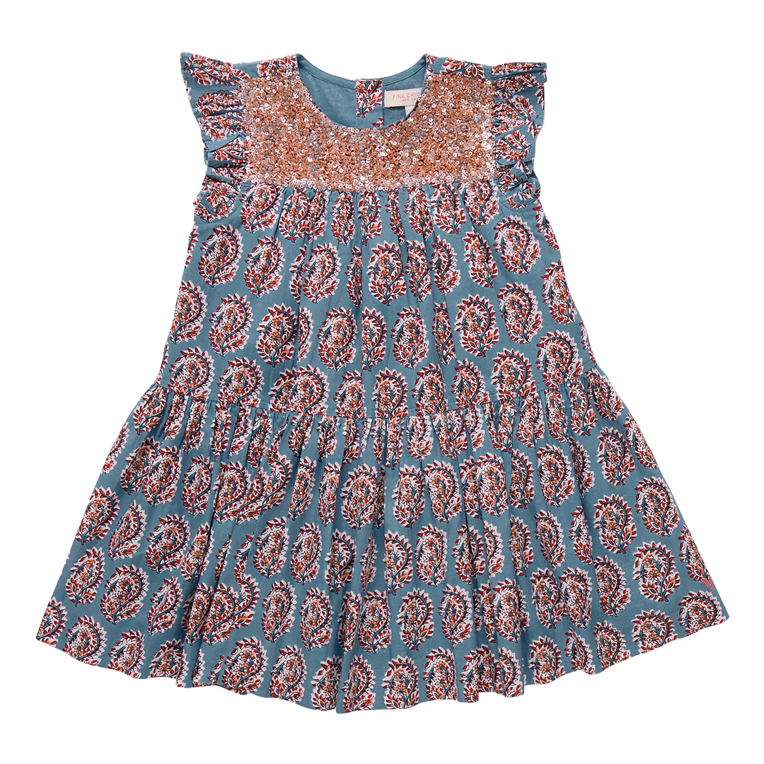 Girls Fiona Ruffle Dress - Blue Paisley