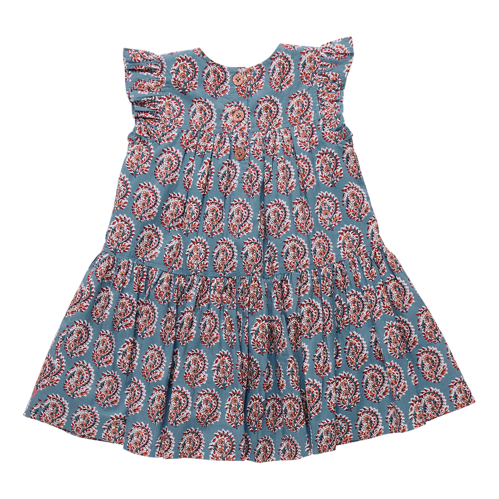 Girls Fiona Ruffle Dress - Blue Paisley