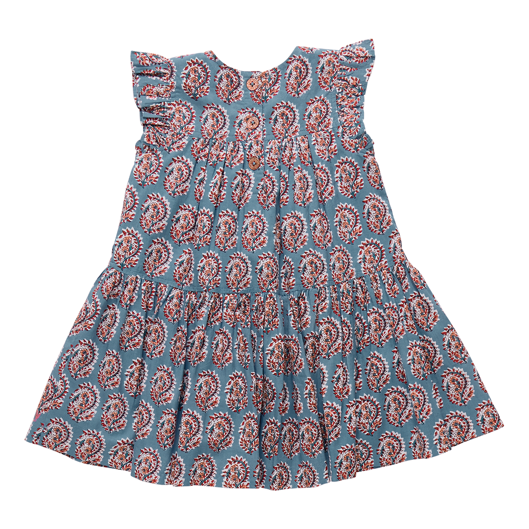 Girls Fiona Ruffle Dress - Blue Paisley