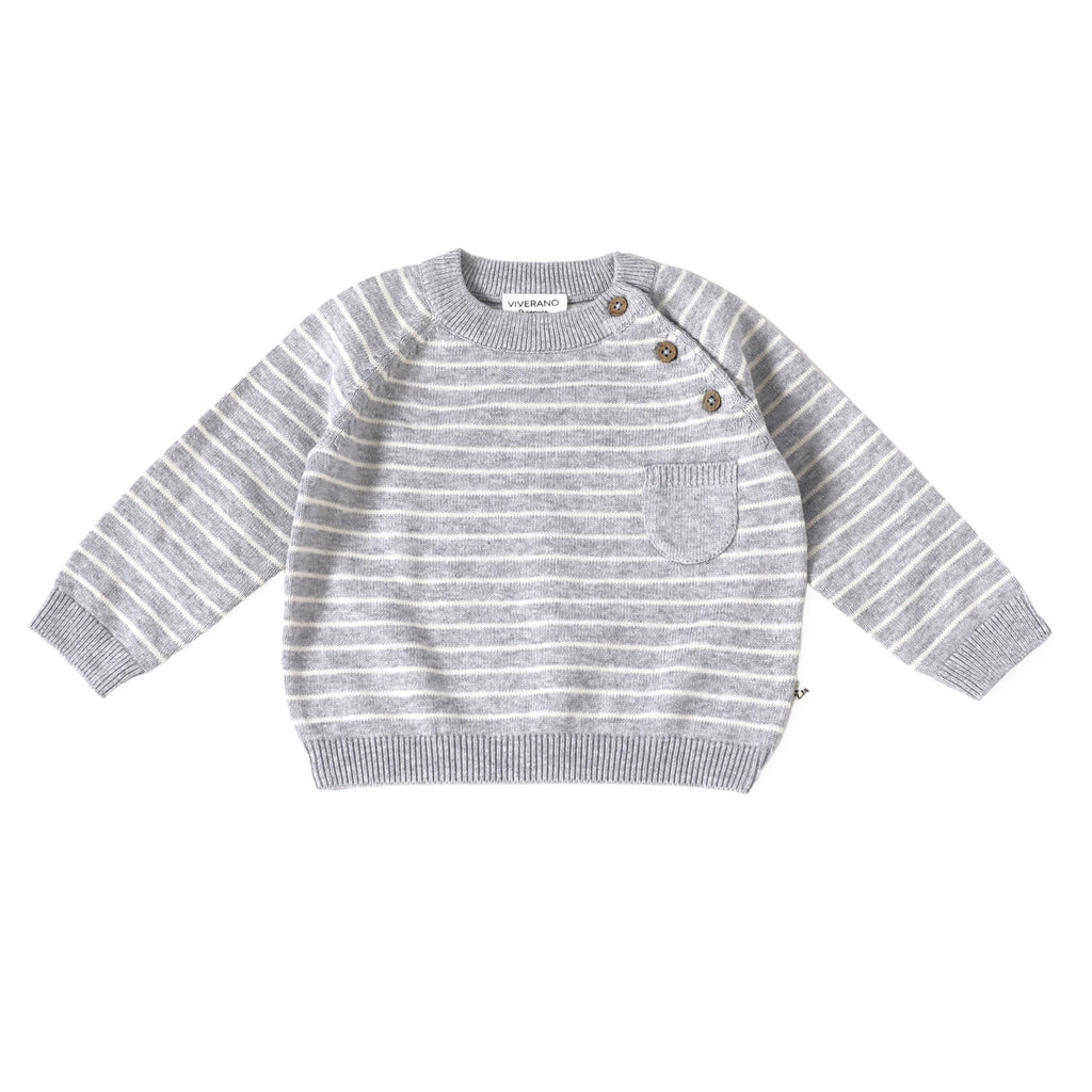 Milan Knit Raglan Side Button Baby Pullover - Organic Cotton | Heather Grey Stripe