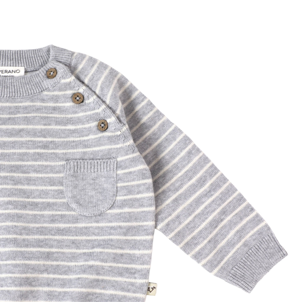 Milan Knit Raglan Side Button Baby Pullover - Organic Cotton | Heather Grey Stripe