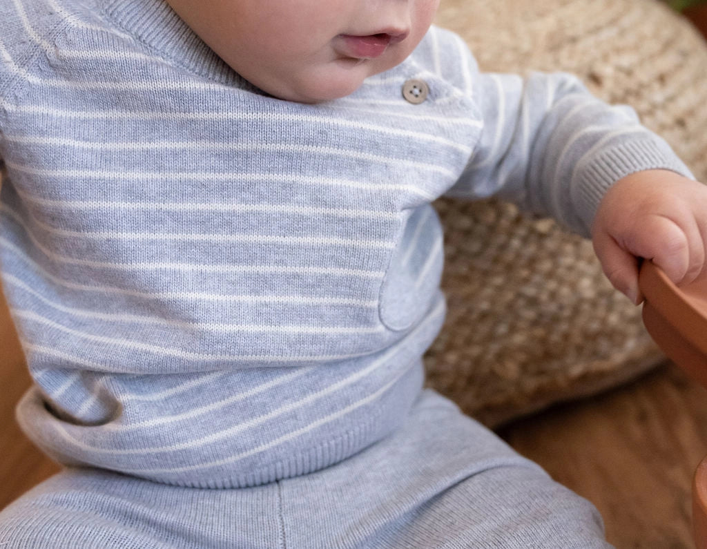Milan Knit Raglan Side Button Baby Pullover - Organic Cotton | Heather Grey Stripe