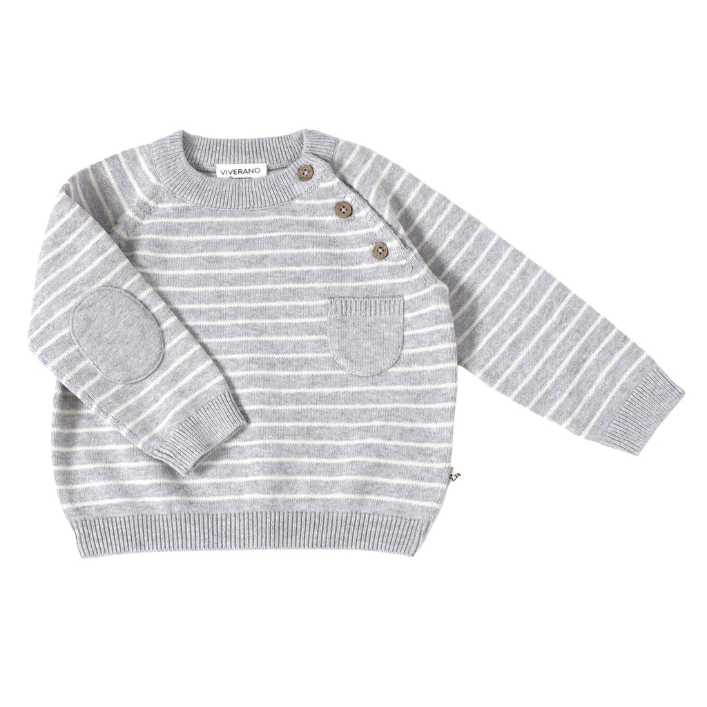 Milan Knit Raglan Side Button Baby Pullover - Organic Cotton | Heather Grey Stripe