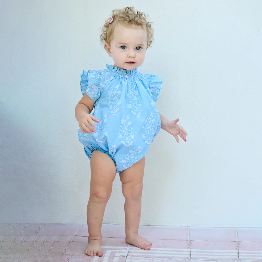 Baby Girls Harper Bubble - Blue Dewdrop Block Print