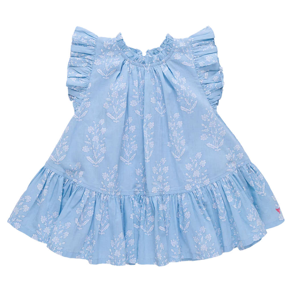 Girls Harper Dress - Blue Dewdrop Block Print