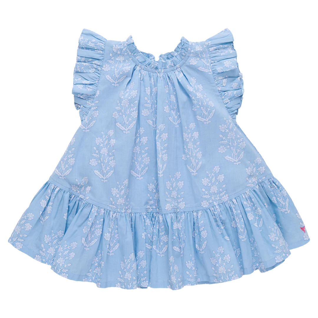 Girls Harper Dress - Blue Dewdrop Block Print