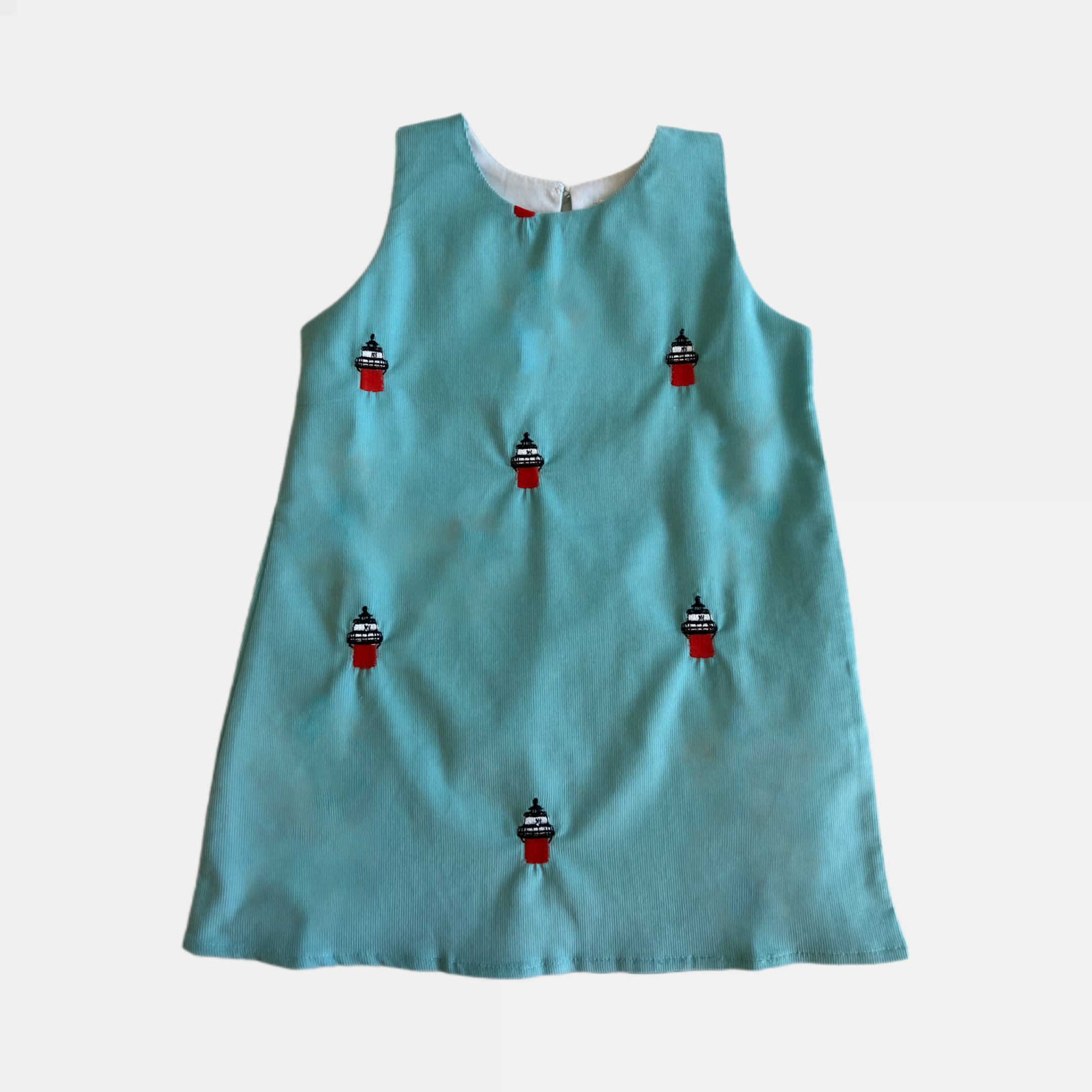 Corduroy Girls Jumper Dress with Embroidered Duxbury Bay Lighthouses in Turquoise