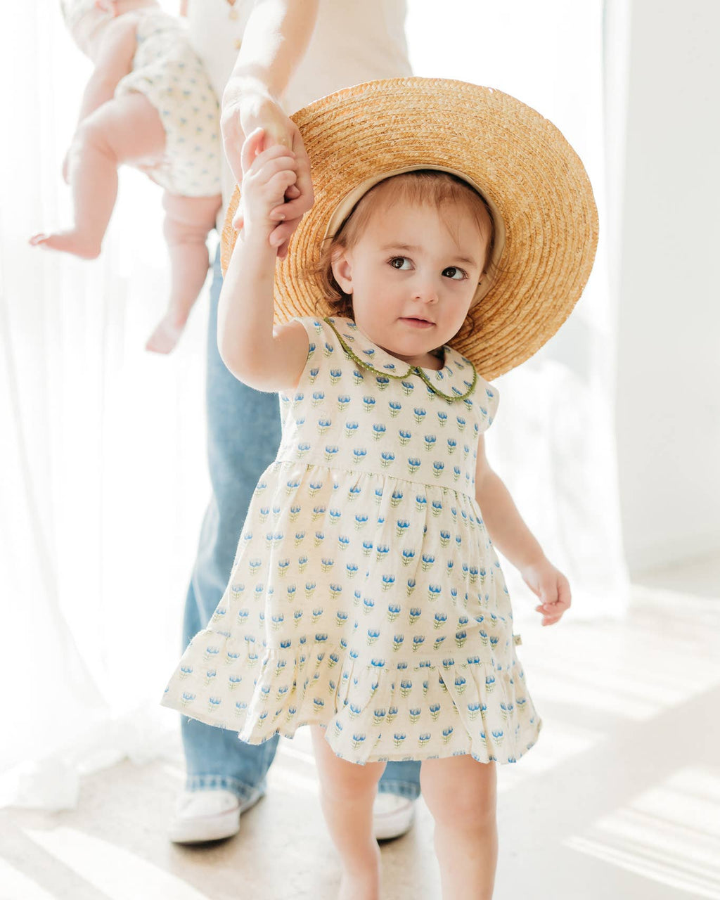 Harper Peter Pan Collar Floral Baby Flare Dress + Bloomer - Blue Floral | Natural