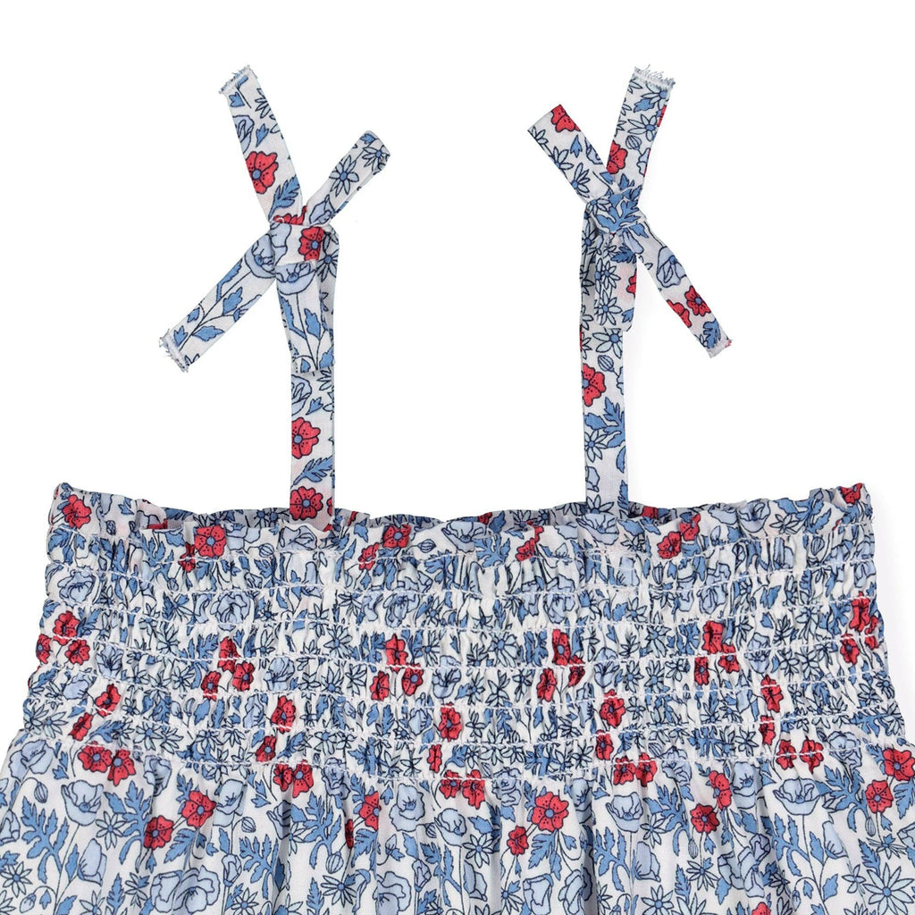 Smocked Romper with Bow Shoulders: Red and Blue Ditsy Floral