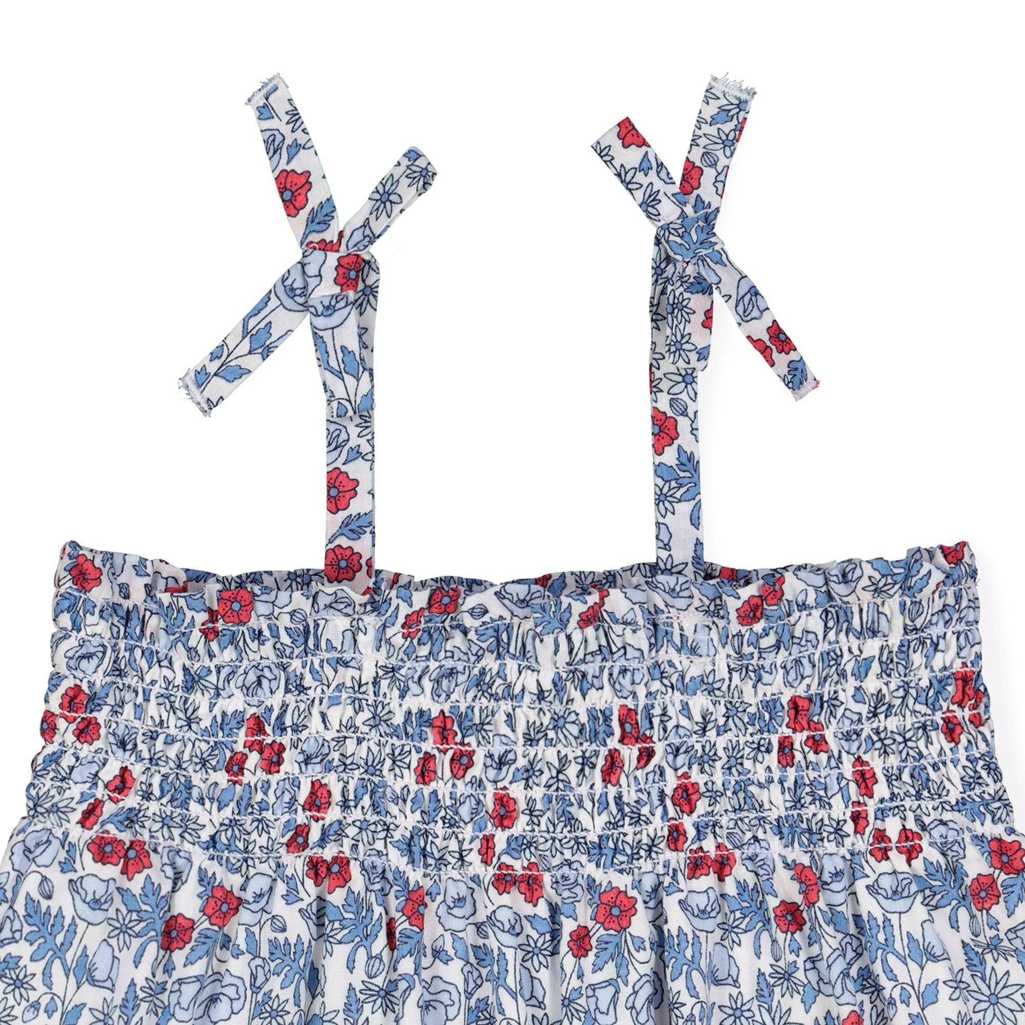 Smocked Romper with Bow Shoulders: Red and Blue Ditsy Floral