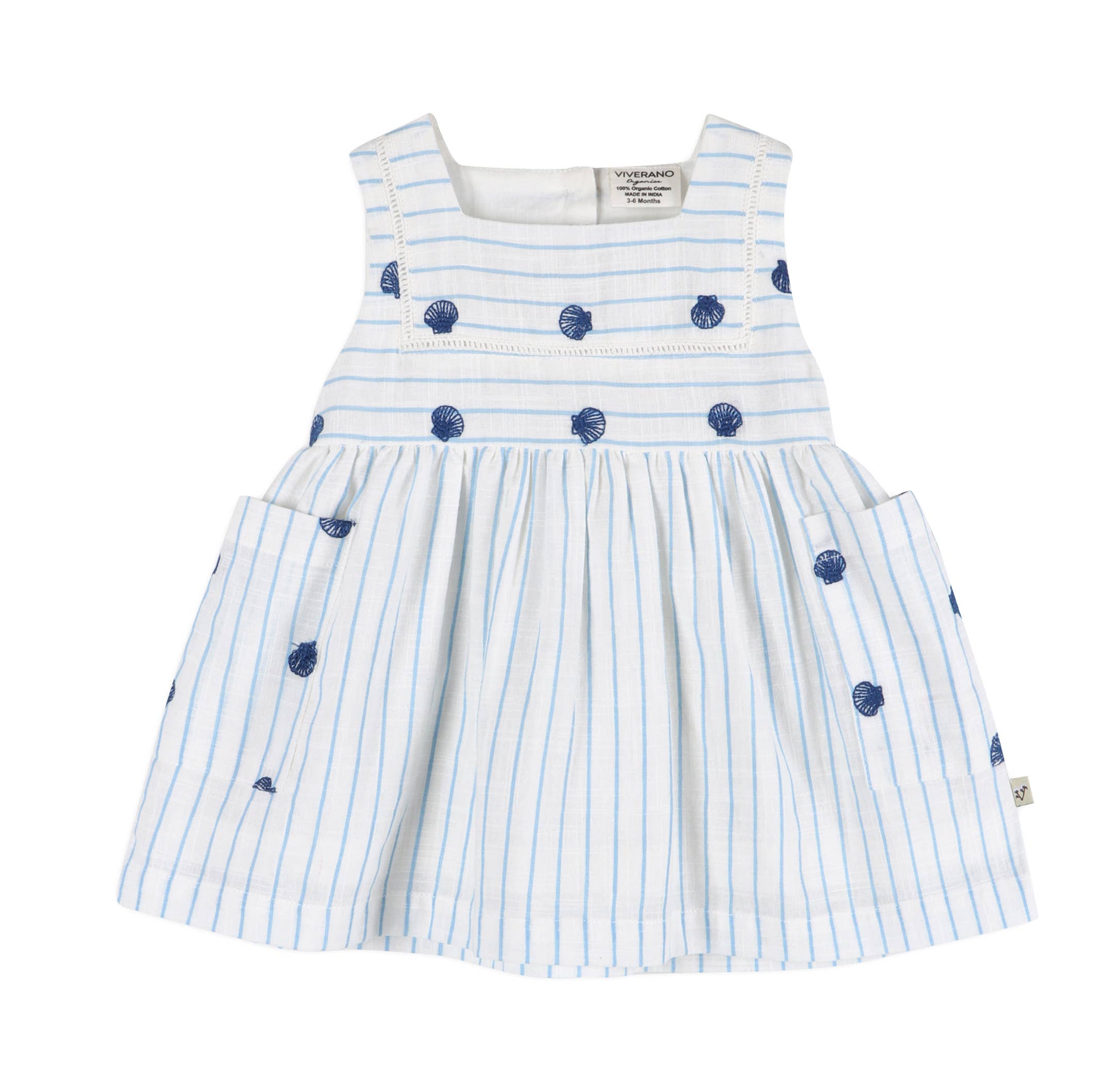 Seashells Embroidered Striped Baby Dress + Bloomer - Sea Blue Stripe