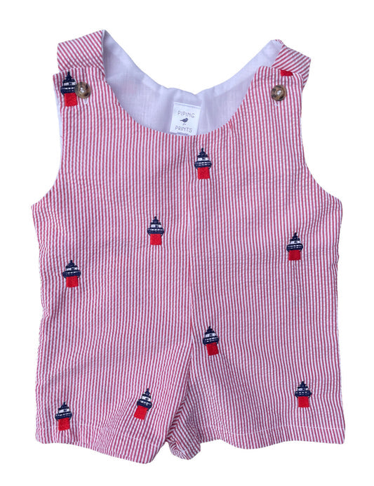 Seersucker Baby Romper with Embroidered Duxbury Bay Lighthouses in Red
