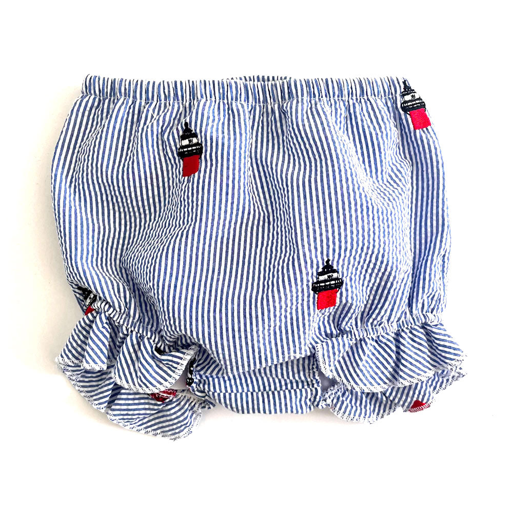 Seersucker Baby Bloomers with Embroidered Duxbury Bay Lighthouses in Blue