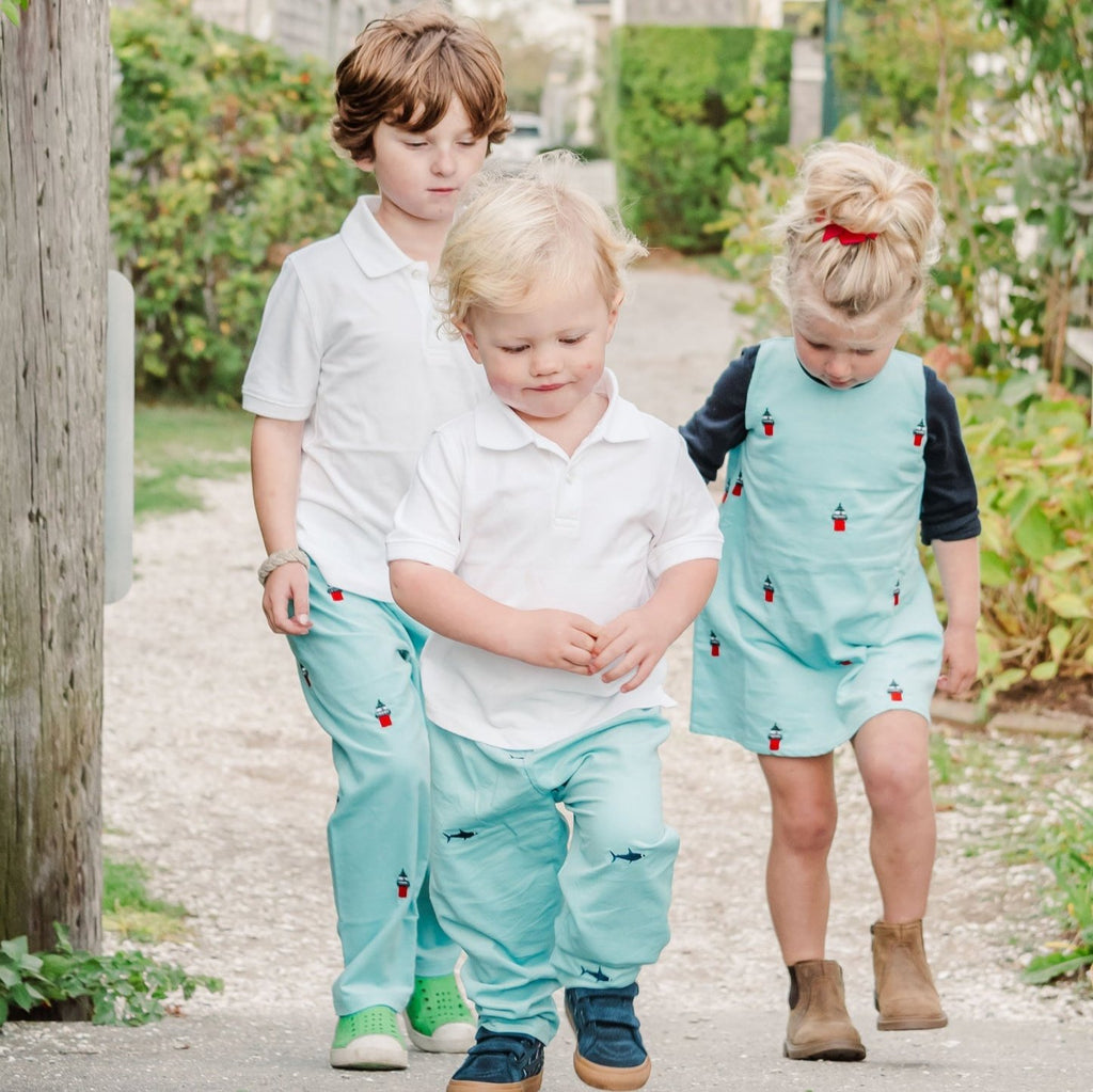 Corduroy Girls Jumper Dress with Embroidered Duxbury Bay Lighthouses in Turquoise