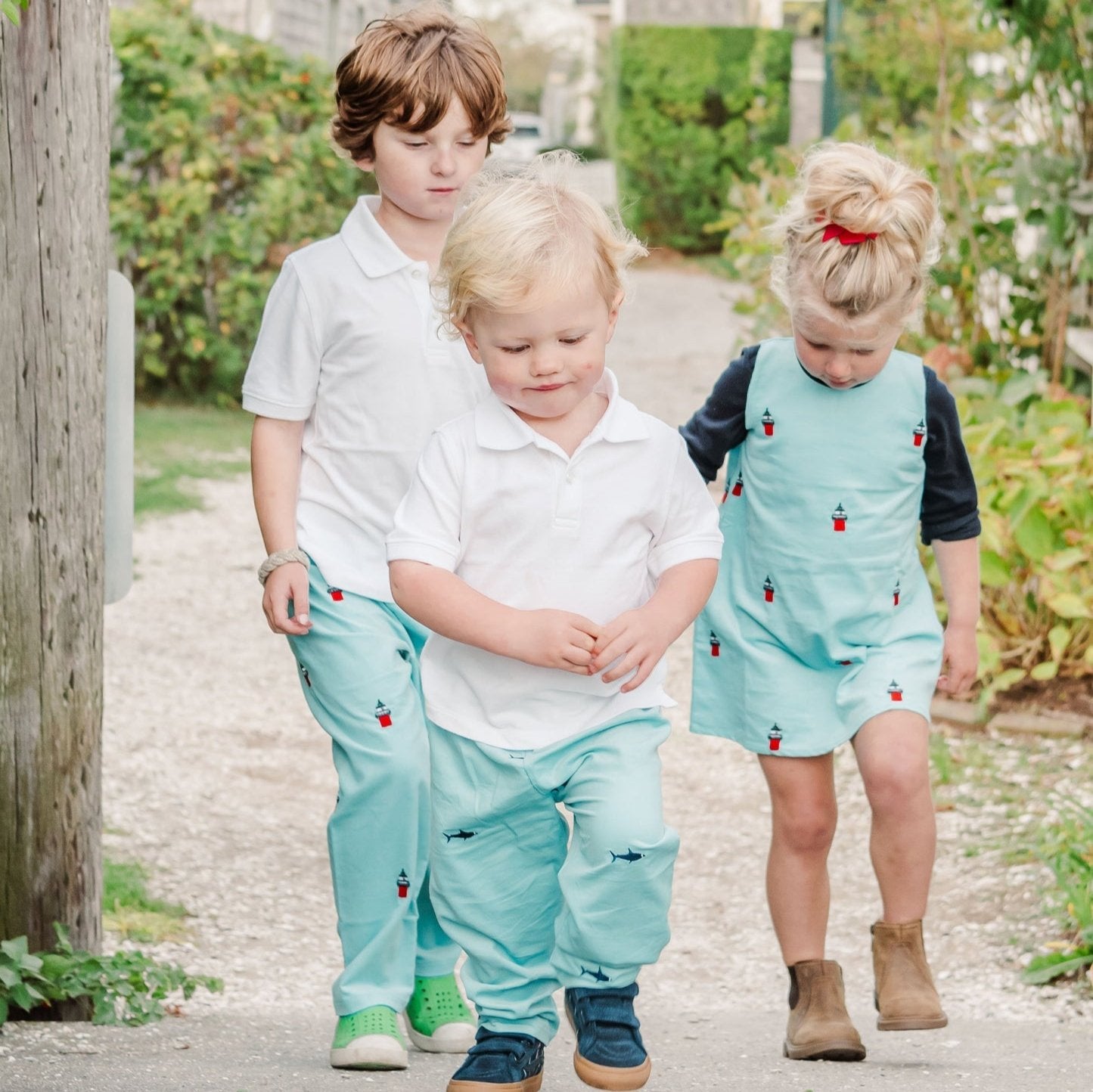 Corduroy Girls Jumper Dress with Embroidered Duxbury Bay Lighthouses in Turquoise