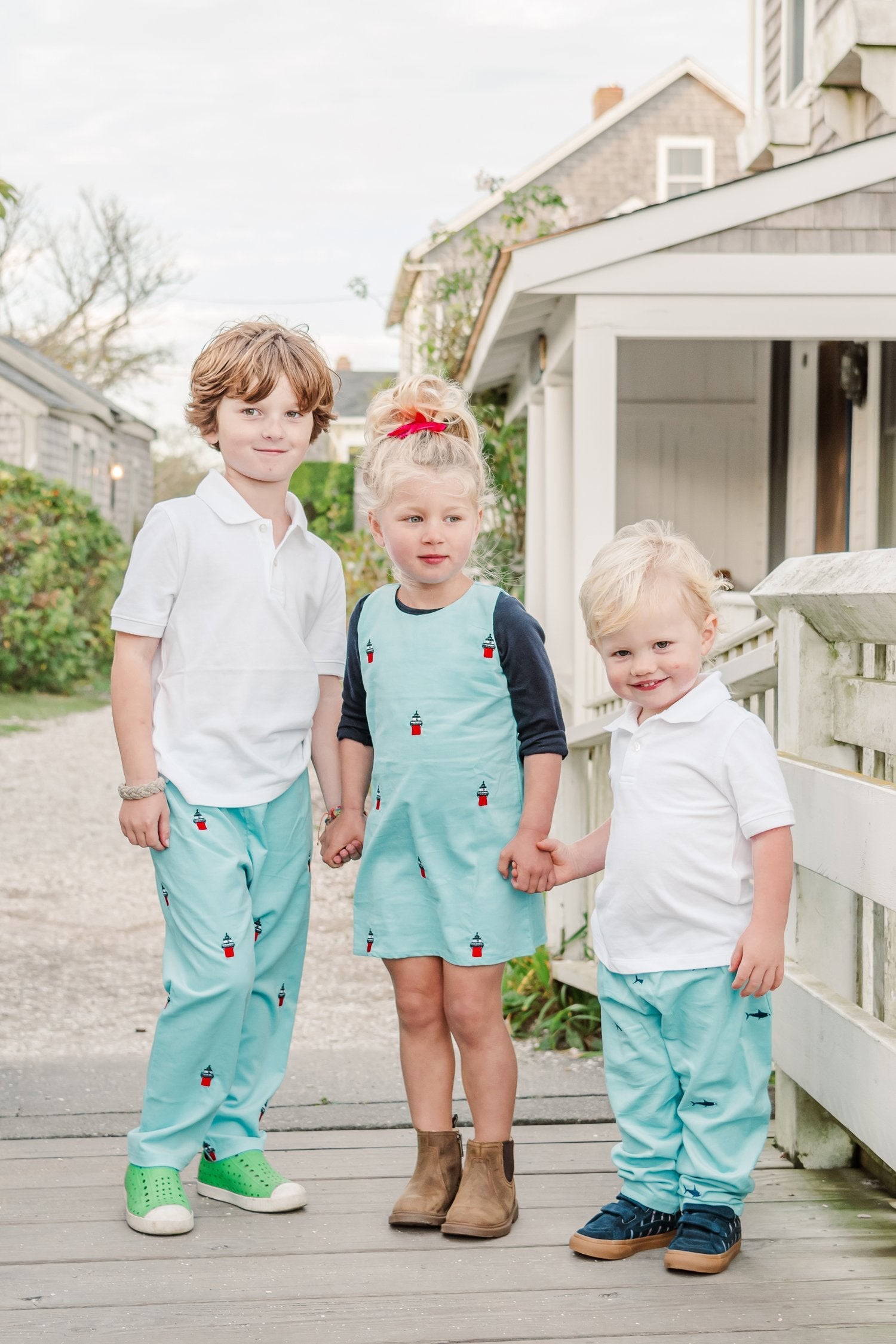 Corduroy Girls Jumper Dress with Embroidered Duxbury Bay Lighthouses in Turquoise