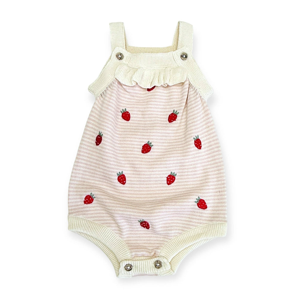 Strawberry Knit Baby Ruffle Romper - Pink Stripe