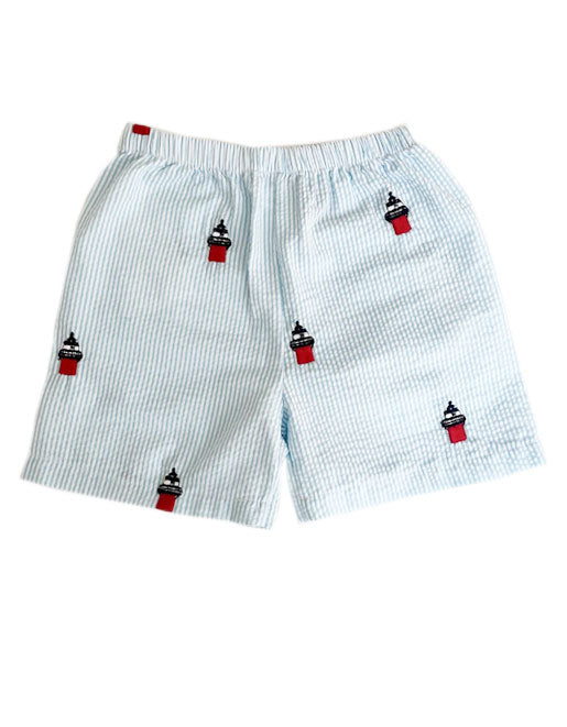 Seersucker Kids Shorts with Embroidered Duxbury Bay Lighthouses in Turquoise