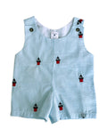 Seersucker Baby Romper with Embroidered Duxbury Bay Lighthouses in Turquoise