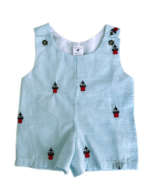 Seersucker Baby Romper with Embroidered Duxbury Bay Lighthouses in Turquoise