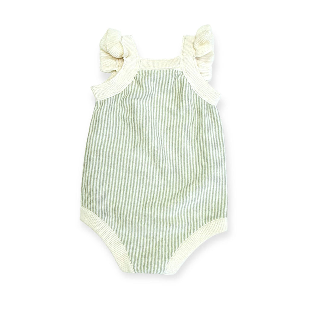 Cherry Stripe Baby Ruffle Romper - Sage Stripe