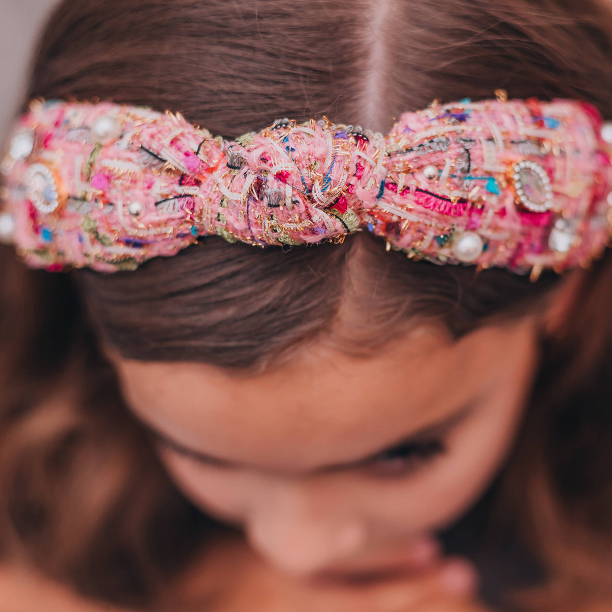 Rhinestone Pearl Tweed Headband Pink