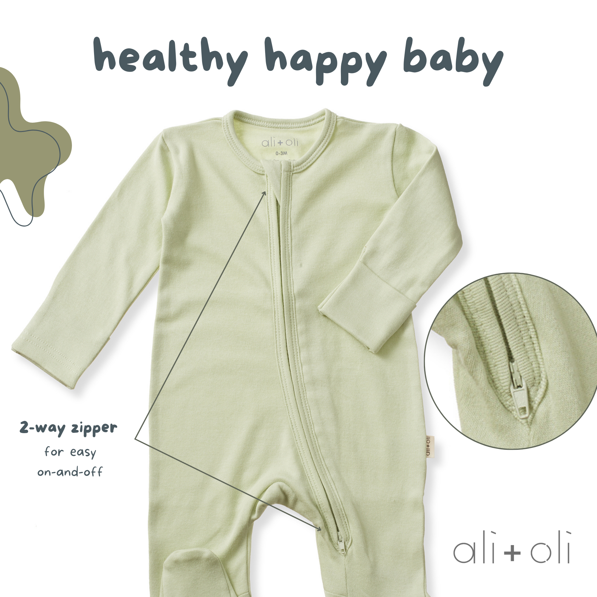 Organic Cotton Baby Footie 2-Way Zipper | Sage