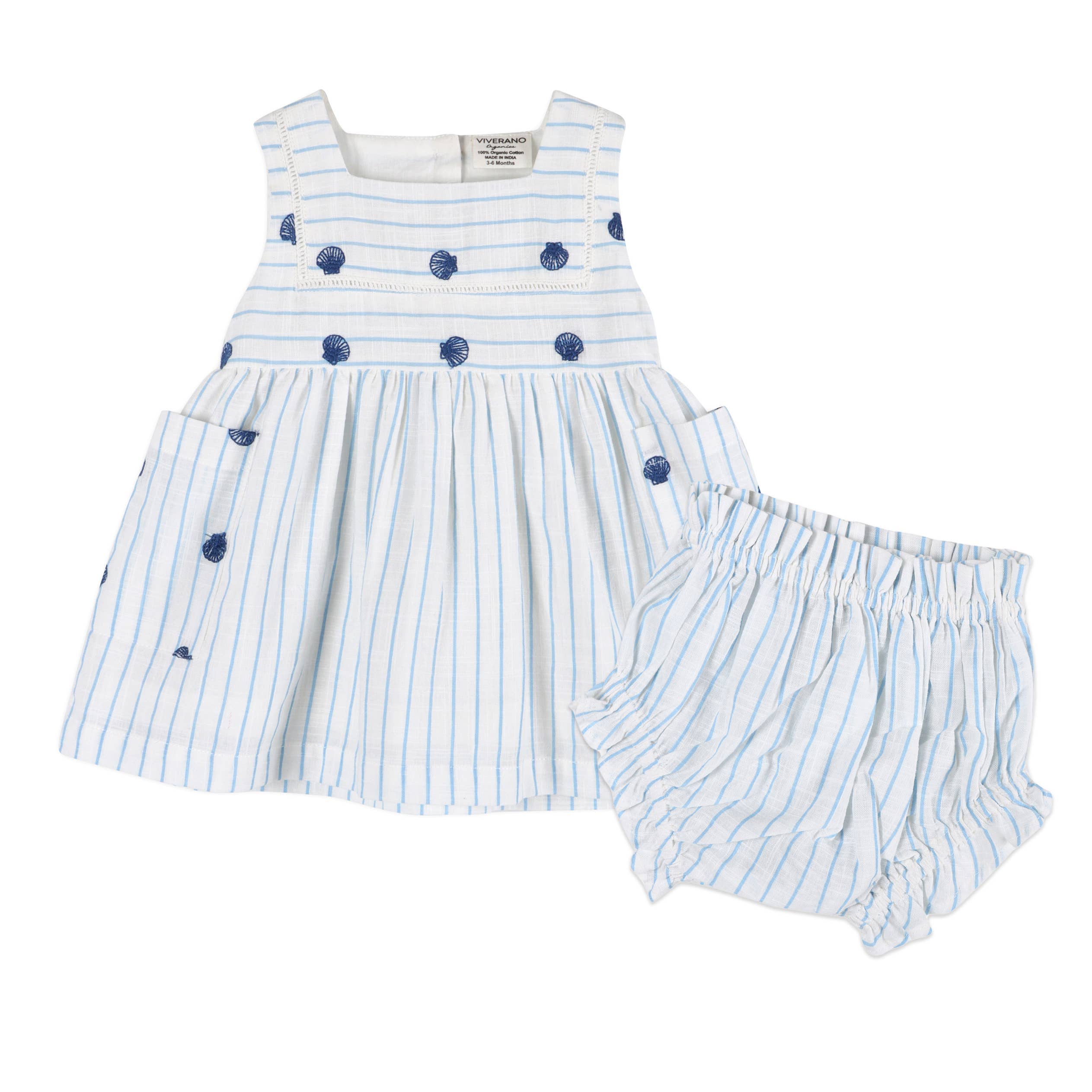 Seashells Embroidered Striped Baby Dress + Bloomer - Sea Blue Stripe