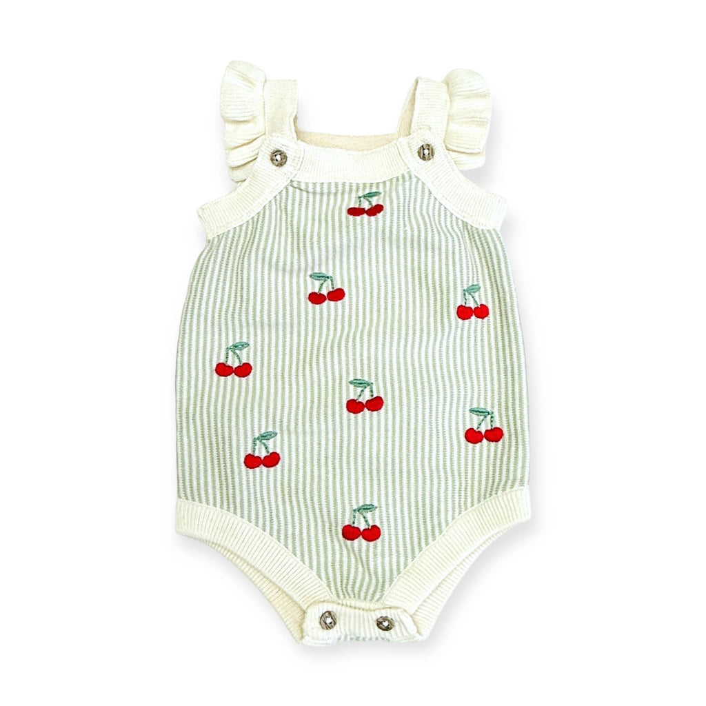Cherry Stripe Baby Ruffle Romper - Sage Stripe